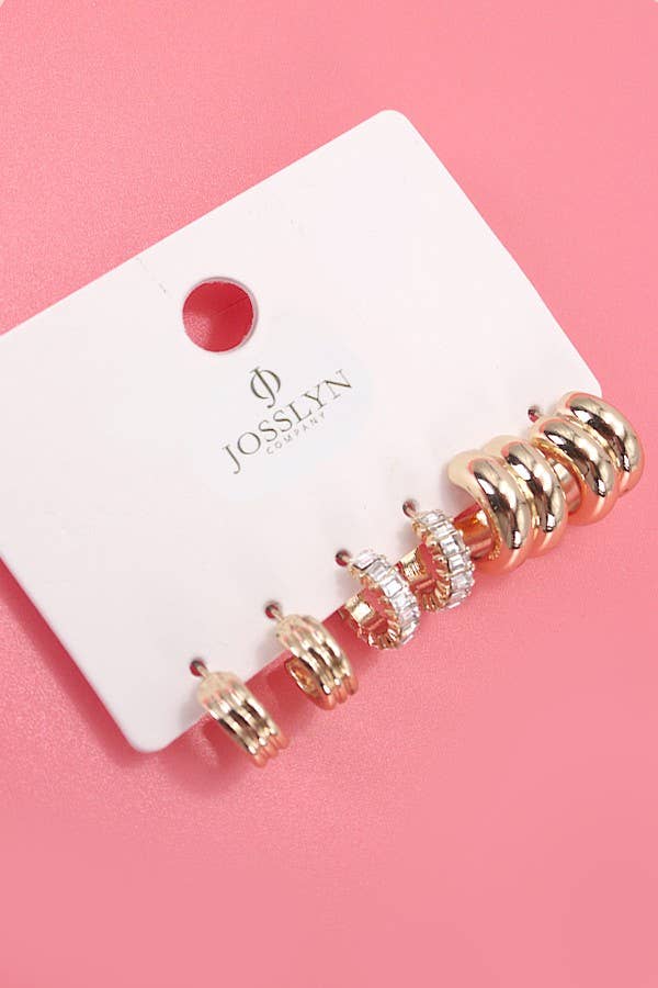 Gold Baguette Stone Double Hoop Huggie Trio Earring Set