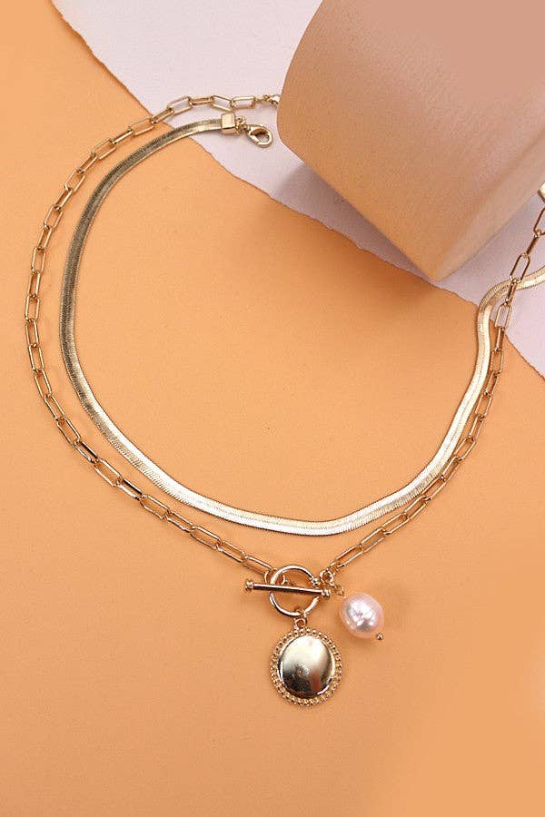 DOUBLE ROW CIRCLE PEARL PENDANT NECKLACE | 10N3051201: GOLD