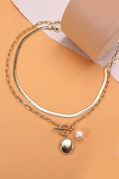 DOUBLE ROW CIRCLE PEARL PENDANT NECKLACE | 10N3051201: GOLD