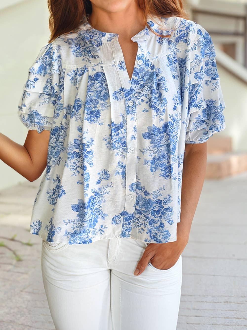 Freely Floral Pleated Puff Sleeve Button Up Blouse
