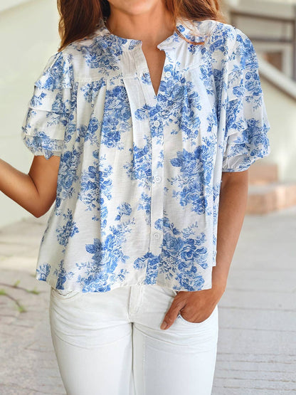 Freely Floral Pleated Puff Sleeve Button Up Blouse