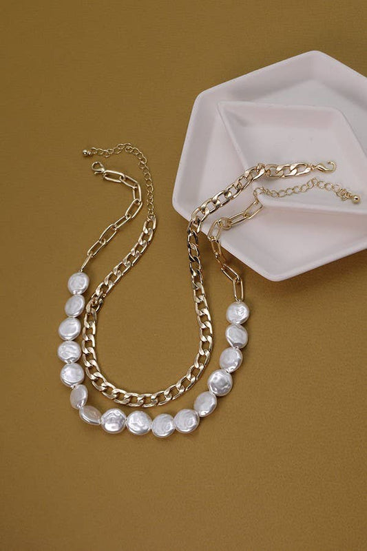 DOUBLE LAYER FLAT PEARL NECKLACE | 52N208112: Gold