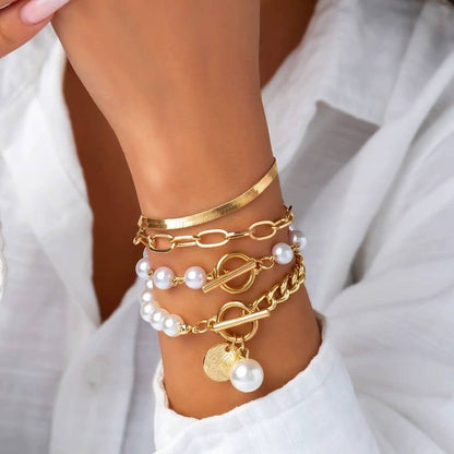 MULTILAYER PEARL CHAIN HERRINGBONE MIX BRACELET | 40B5151: GOLD