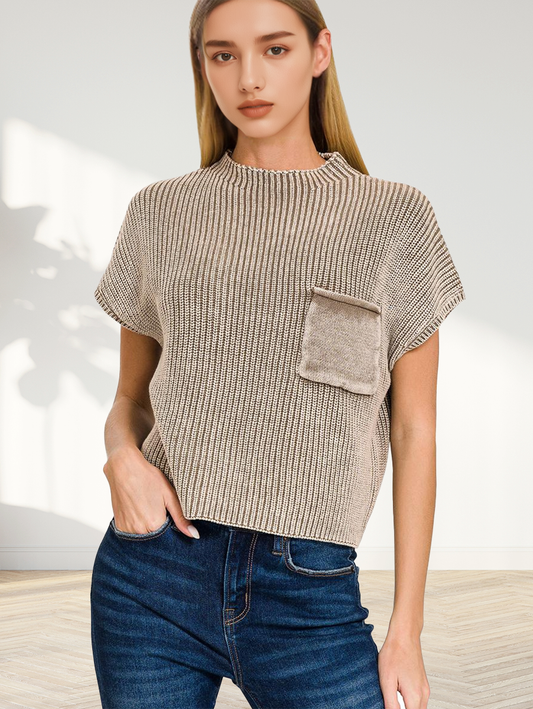 Wendy Washed Mock Neck Short Sleeve Sweater