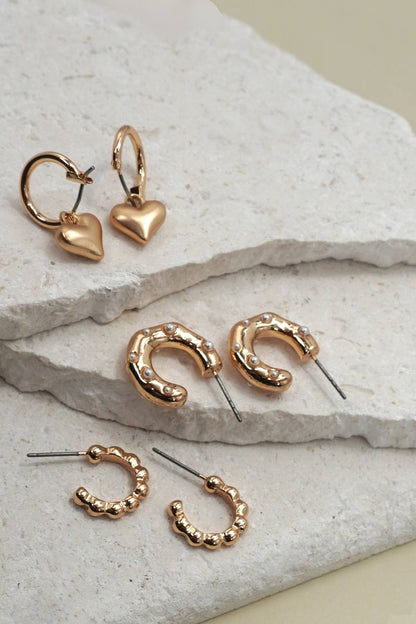 Gold Trio Earring Pack | Heart Drop, Pearl & Studded Hoop