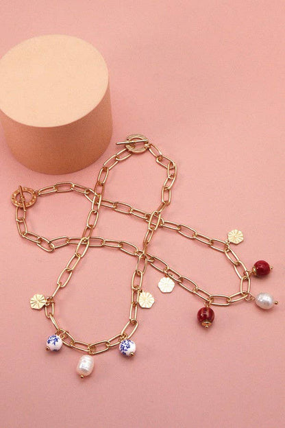 PORCELAIN BEAD LINK CHAIN NECKLACE | 51N2070921: RED