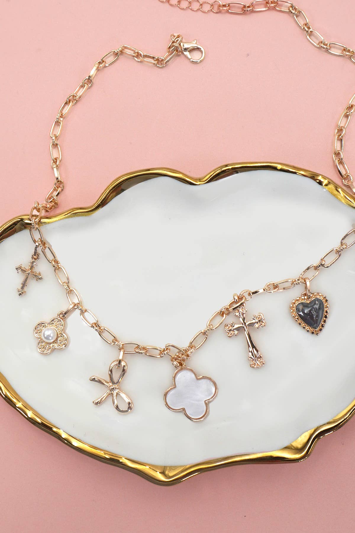 CHARM NECKLACE-CLOVER BOW CROSS HEART FLOWER | 80N91988: GOLD