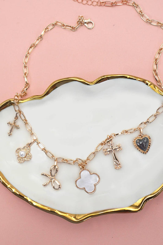 CHARM NECKLACE-CLOVER BOW CROSS HEART FLOWER | 80N91988: GOLD