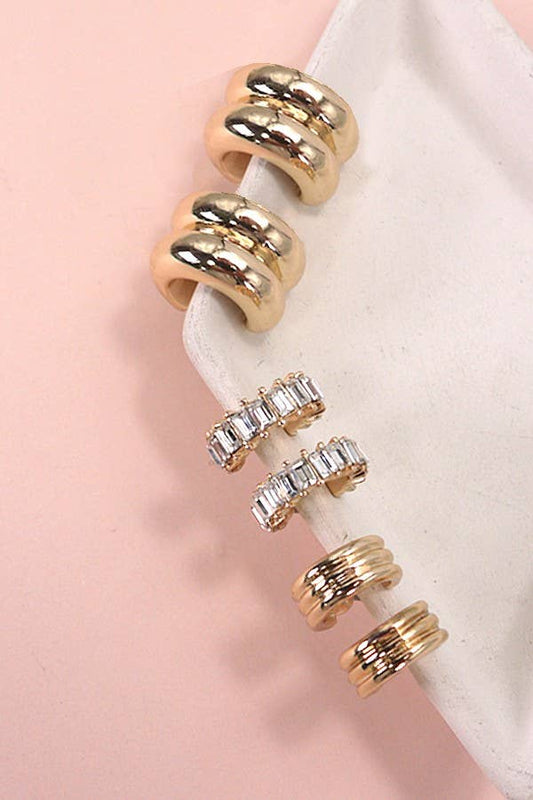 Gold Baguette Stone Double Hoop Huggie Trio Earring Set
