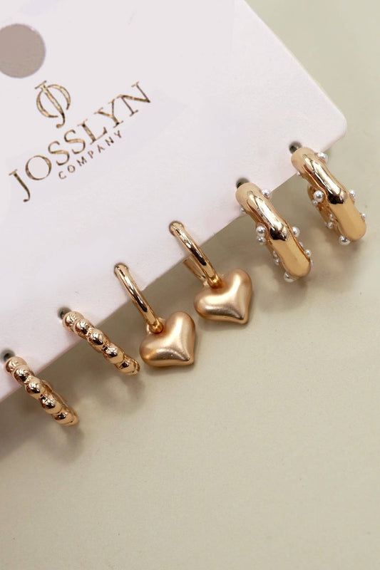 Gold Trio Earring Pack | Heart Drop, Pearl & Studded Hoop