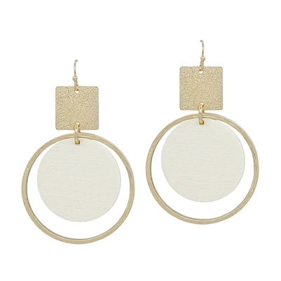 Gold Textured Square Earrings with White Wood Circle