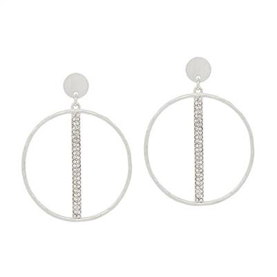 Silver Rhinestone Bar in Open Hoop Stud 2" Earring