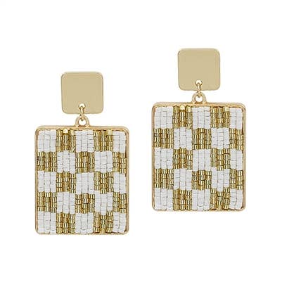 White and Gold Seed Bead Checkered Sqaure 2" Earring